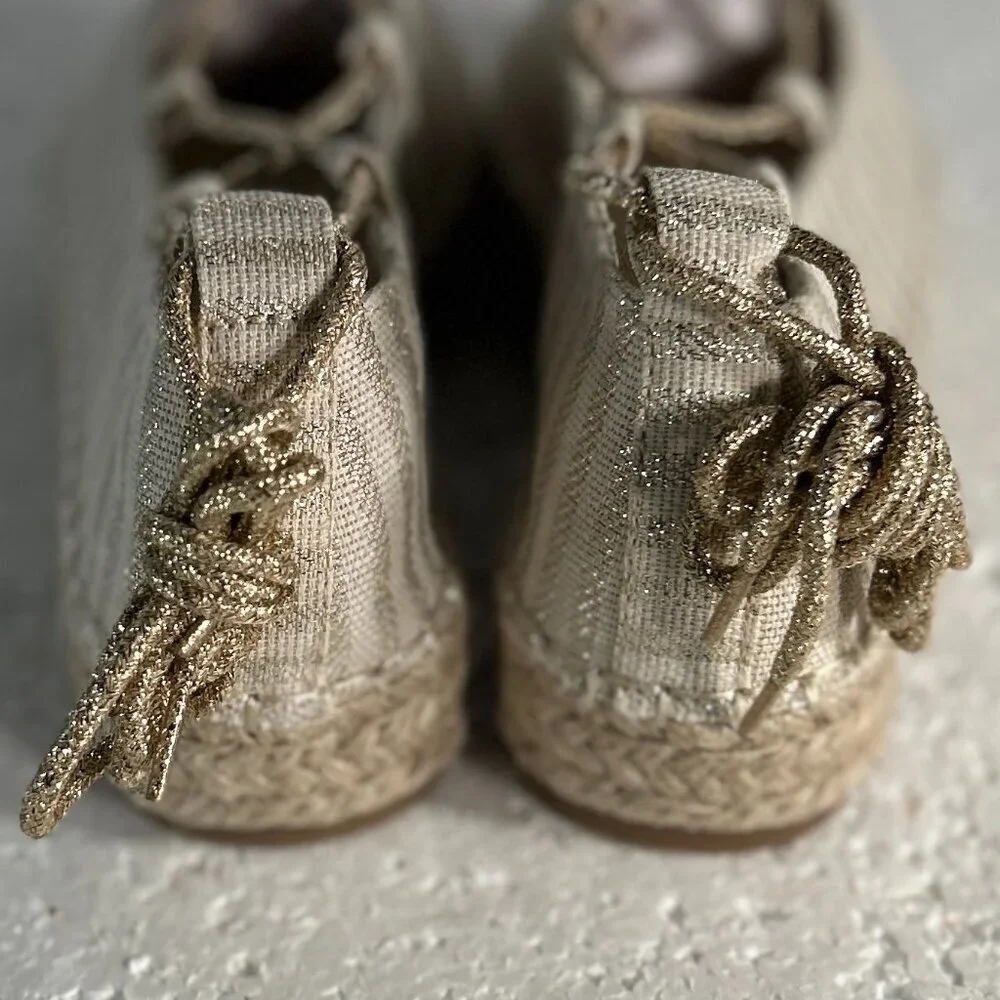 London Rag NWOT SZ6 Gold Stripe Oplin Womens Espadrille Shoes Cottage Boho Comfy